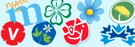 Bild på alla riksdagspartiers logotyper (våren 2016)